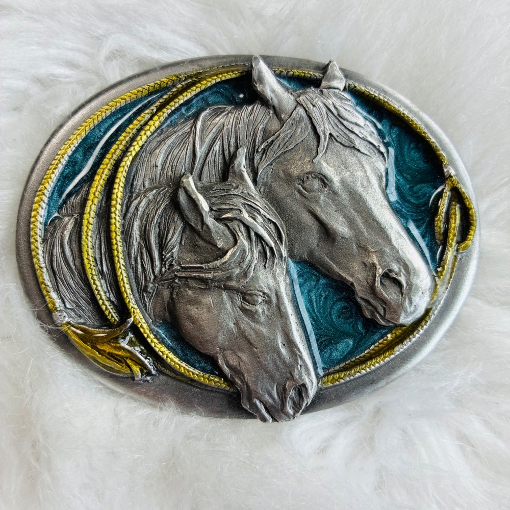 Vintage 1983 Siskiyou Buckle Co Pewter Horse Belt Buckle Teal Gold Tone U-10